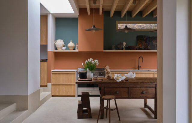 周囲壁:FARROW&BALL(新色)No.311 Scallop / 正面壁下部・柱(新色)No.316 Marmelo / 正面壁上部(新色)No.318 Douter