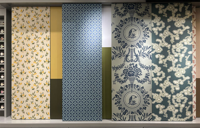 After：新柄コレクション「The Purnon Papers」の壁紙：（左）Auguste 6504 /（中左）Achard 6404 / （中右）Purnon 6204 / （右）Adelaide 6305