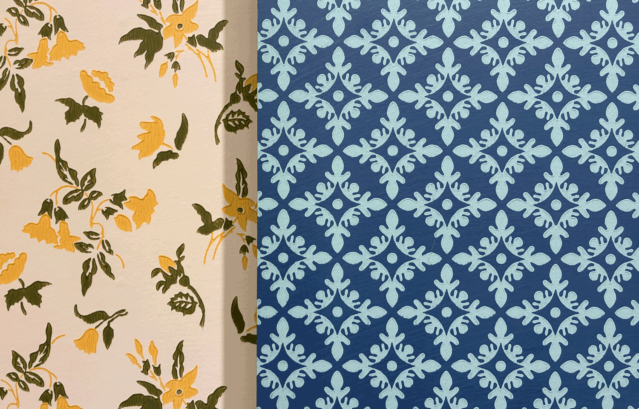 Farrow&Ballの新しいカラーラインナップと一緒にディスプレイしている新柄の壁紙。インテリアスタイリングプロの皆さんにも直接見て触っていただきました。